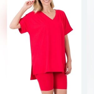 Zenana Outfitters Zenana Set Women's Red V-Neck Top and Shorts